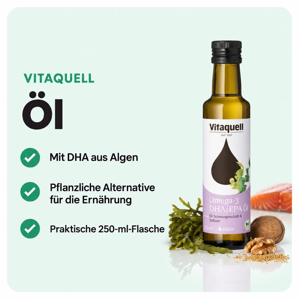 Pflanzliches Omega-3-Öl mit DHA aus Algen in Bio-Qualität.