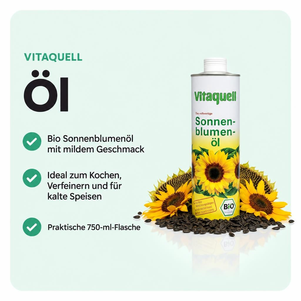 Bio Sonnenblumenöl mit mildem Geschmack in der 750-ml-Flasche.