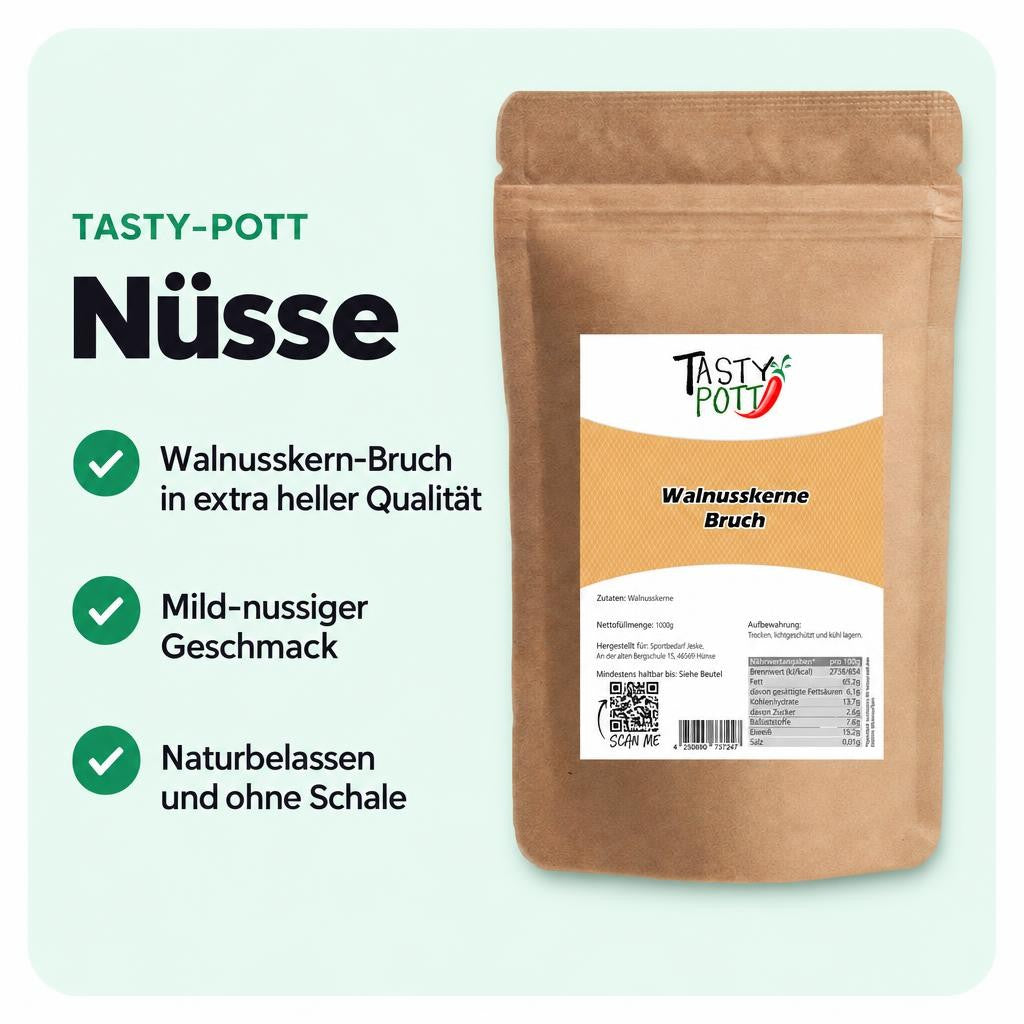 Walnusskern-Bruch extra light mit mild-nussigem Geschmack im 1-kg-Beutel.