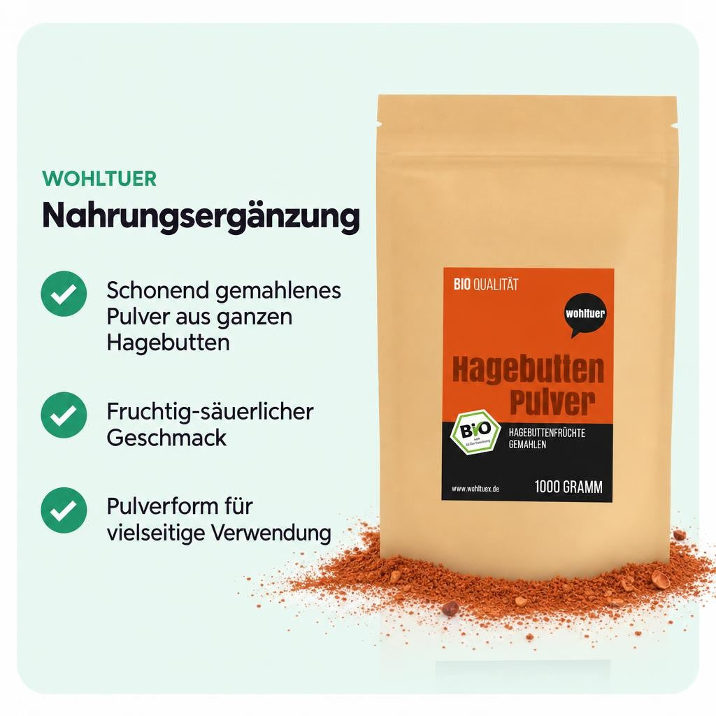Fein gemahlenes Bio Hagebuttenpulver mit fruchtig-säuerlicher Note.