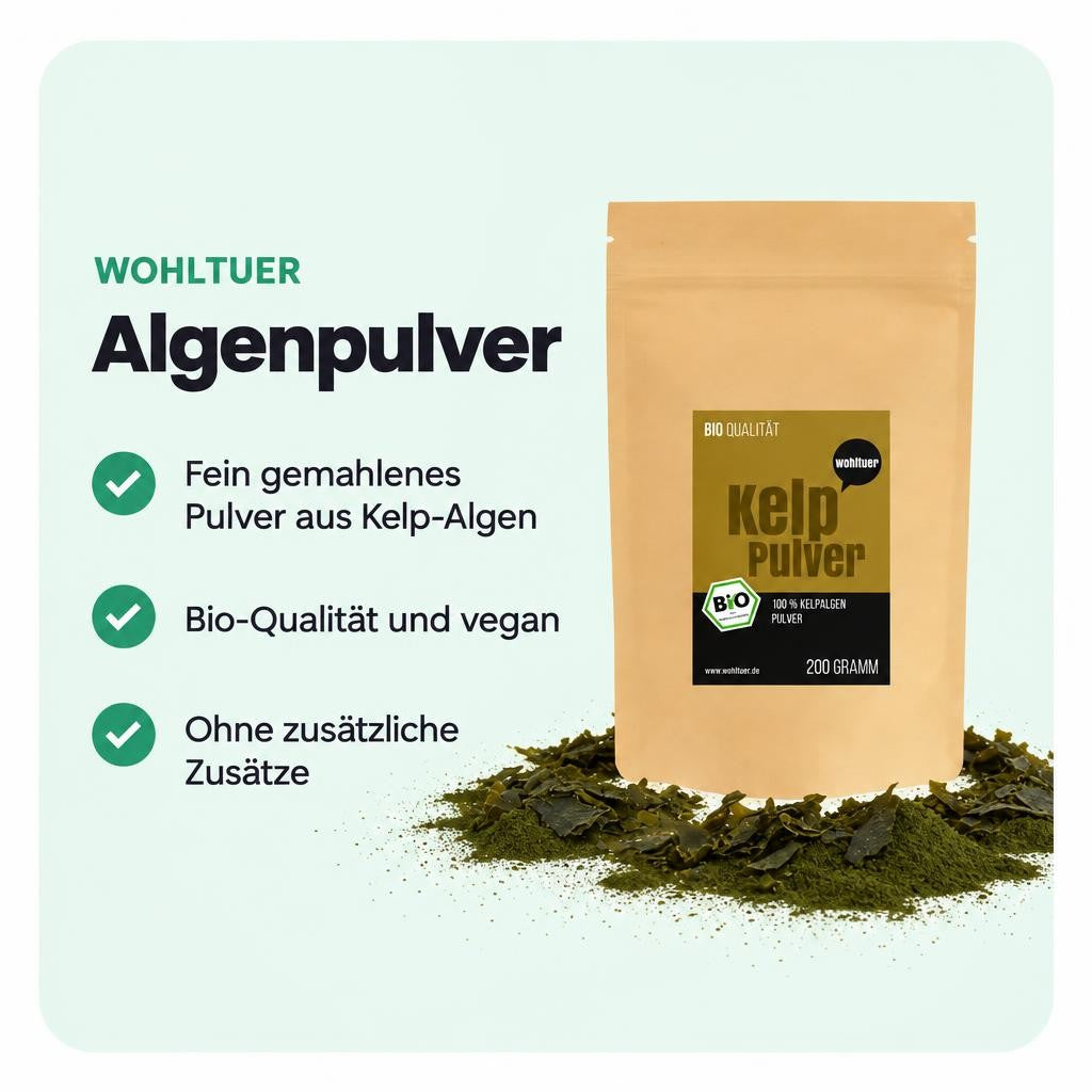 Fein gemahlenes Bio Kelp Pulver für vielseitige Anwendungen in der Küche.