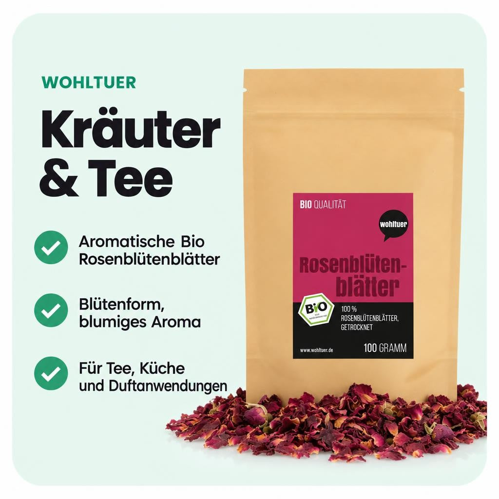 Bio Rosenblütenblätter für Tee, Küche, Essenzen und Bäder.