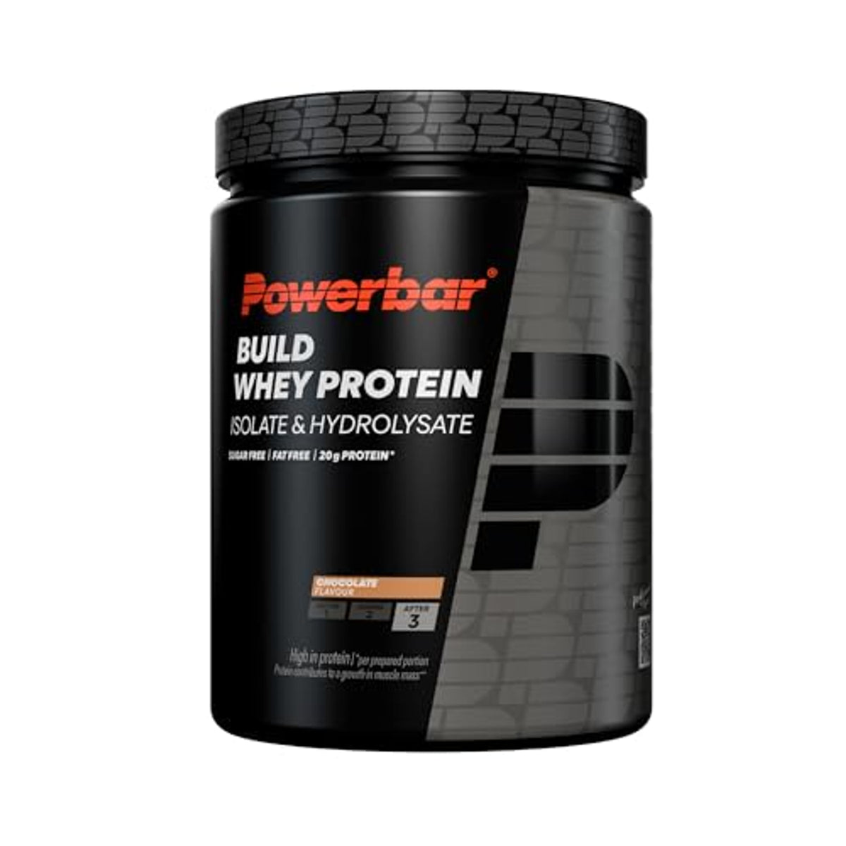 Powerbar Build Whey Protein Black Line Molkenproteine in schwarzer Dose mit Aufschrift und Proteinangaben, Geschmacksrichtung Chocolate Flavour, frontal fotografiert.