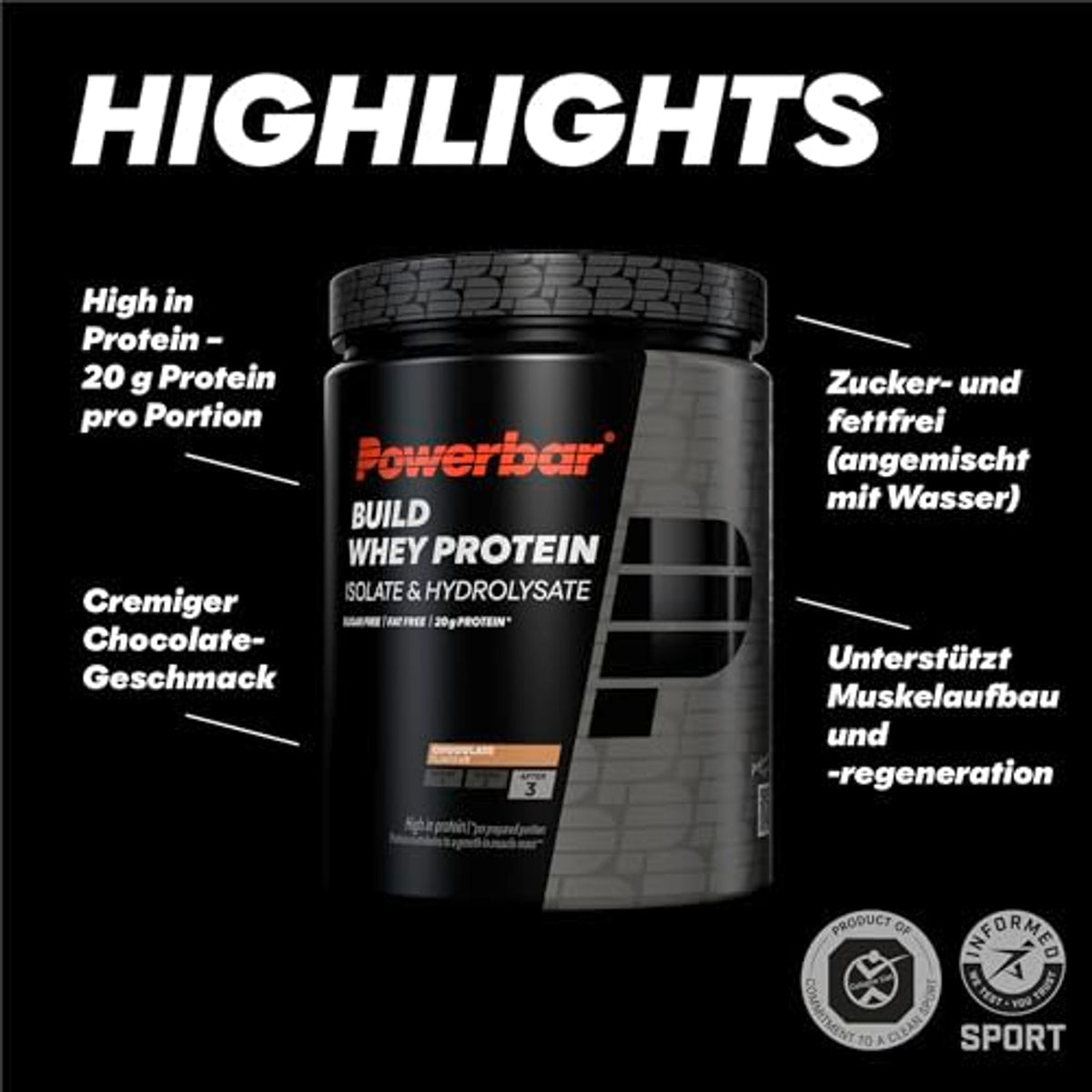 Powerbar Build Whey Protein Black Line Molkenproteine Dose vor schwarzem Hintergrund, umgeben von Text-Highlights zu Protein, Geschmack und Nährwerten.