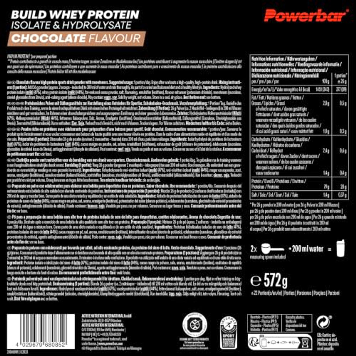 Rückseite der Powerbar Build Whey Protein Black Line Molkenproteine Dose Geschmack Schokolade mit Zutatenliste, Nährwerttabelle und Zubereitungshinweisen, weißer Text auf schwarzem Hintergrund.