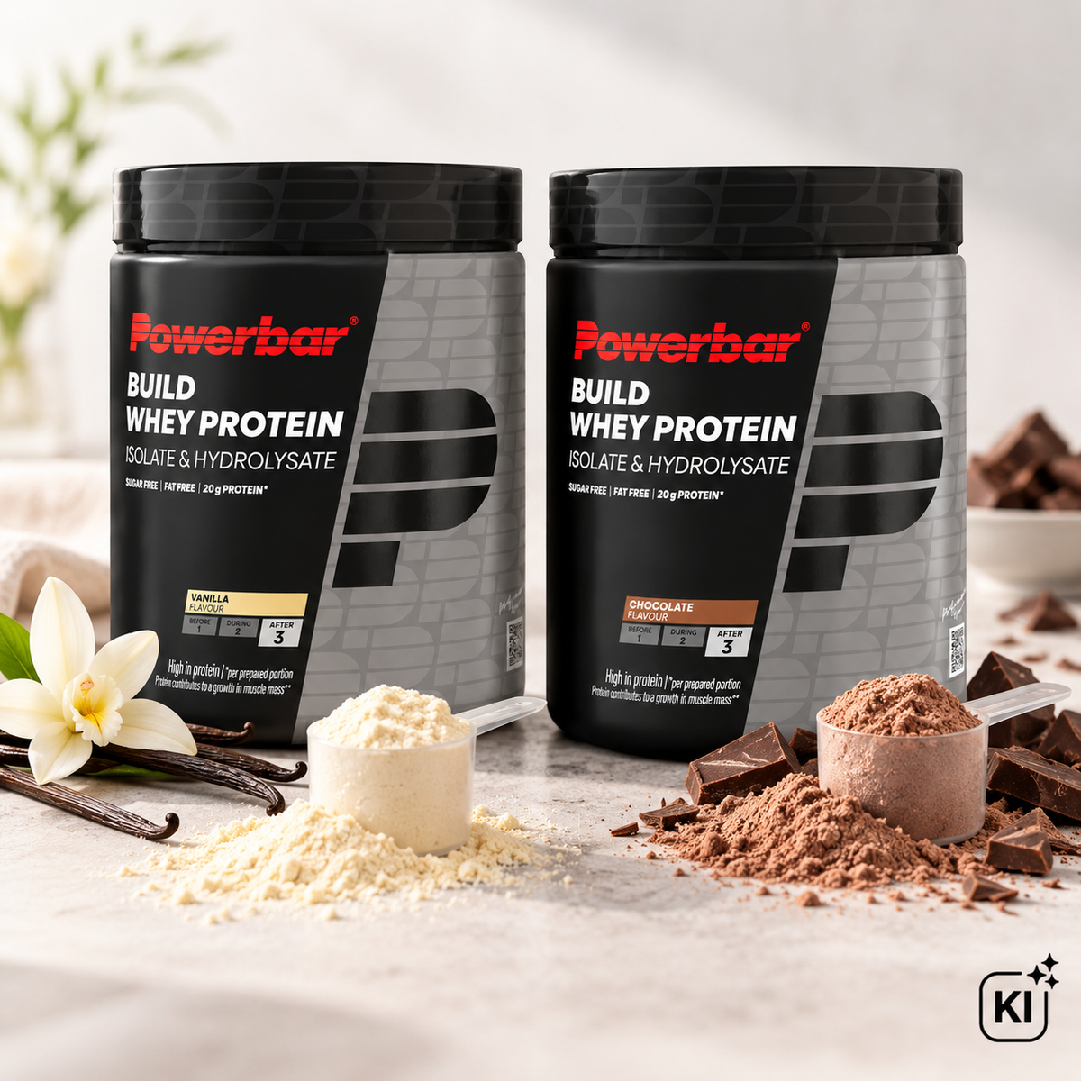 PowerBar Build Whey Protein Vanilla und Chocolate 550 g Dosen im natürlichen Setting mit Proteinpulver, Vanille und Schokolade