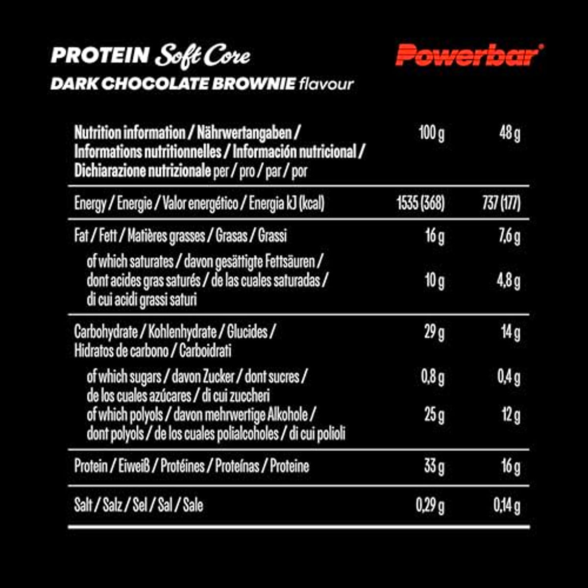Nährwerttabelle für Powerbar Soft Core Proteinriegel Dark Chocolate Brownie mit Angaben pro 100g und pro 48g Riegel.