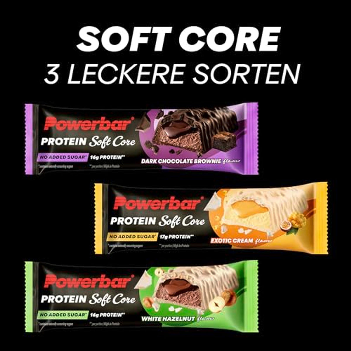 Drei Sorten Powerbar Soft Core Proteinriegel nebeneinander: Dark Chocolate Brownie, Exotic Cream und White Hazelnut.