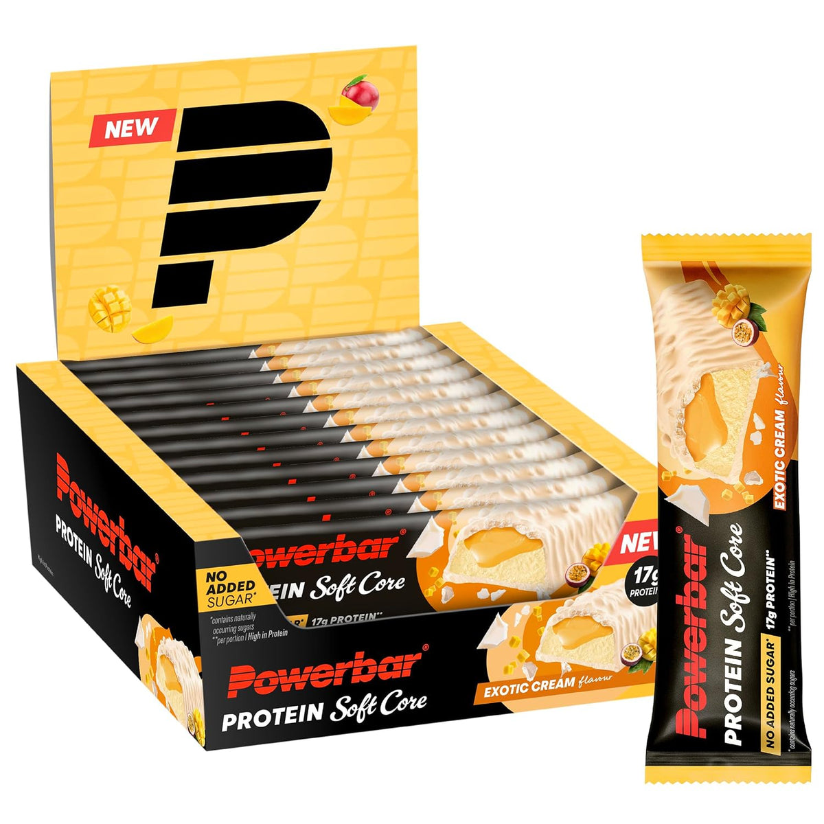 Powerbar Soft Core Proteinriegel 12x48g in der Sorte Exotic Cream in geöffneter Verkaufsbox mit einzeln verpacktem Riegel daneben.