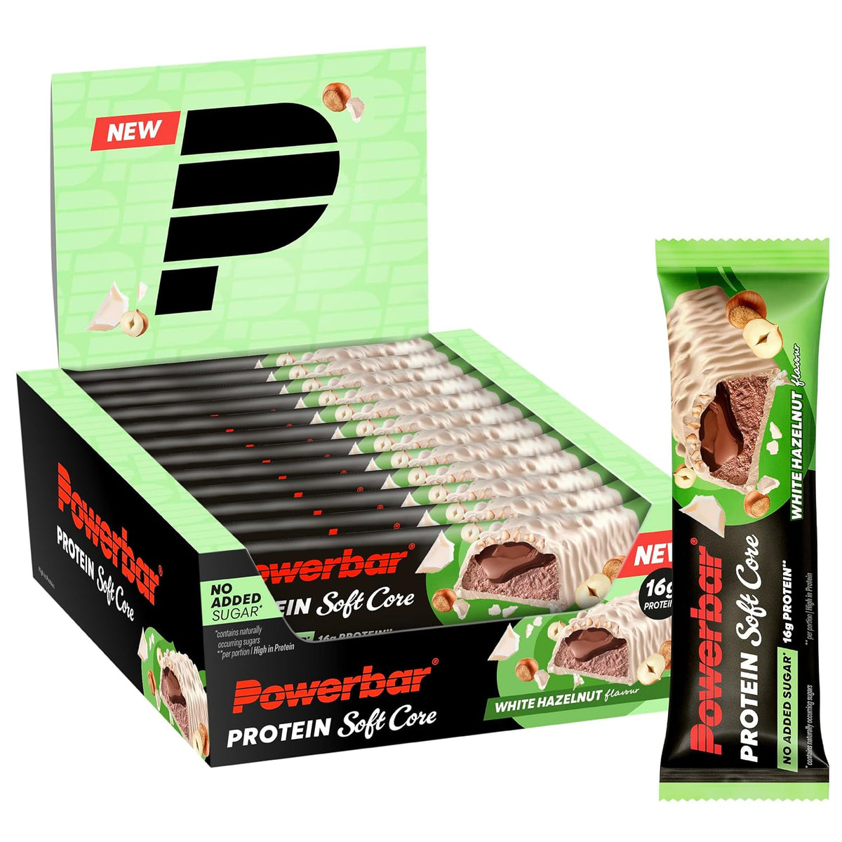 Powerbar Soft Core Proteinriegel 12x48g in der Sorte White Hazelnut in geöffneter Verkaufsbox mit einzeln verpacktem Riegel daneben.