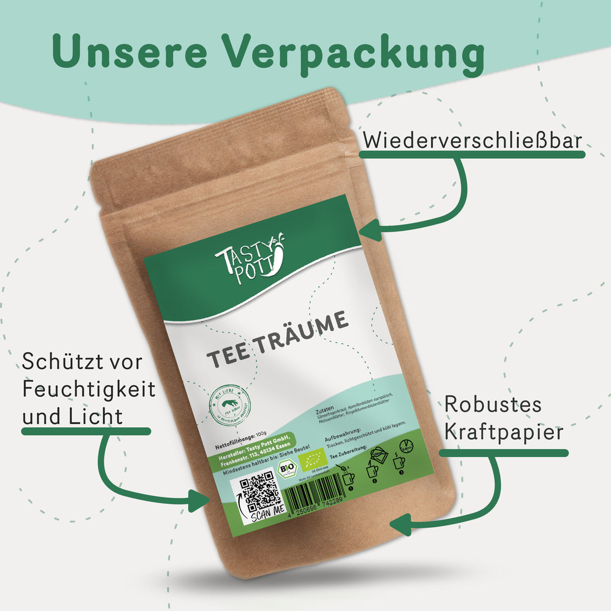 Wiederverschließbare Kraftpapierverpackung Tee Träume von Tasty Pott mit Etikett, Pfeilen und Text zu Schutzfunktionen und Material.