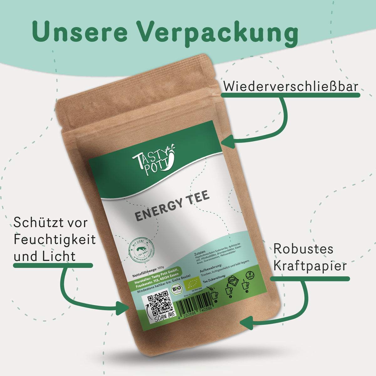Wiederverschließbare Energy Tee Verpackung aus Kraftpapier von Tasty Pott, mit Etikett und Hinweisen zu Schutz und Material.