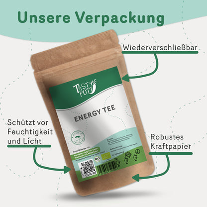 Wiederverschließbare Energy Tee Verpackung aus Kraftpapier von Tasty Pott, mit Etikett und Hinweisen zu Schutz und Material.