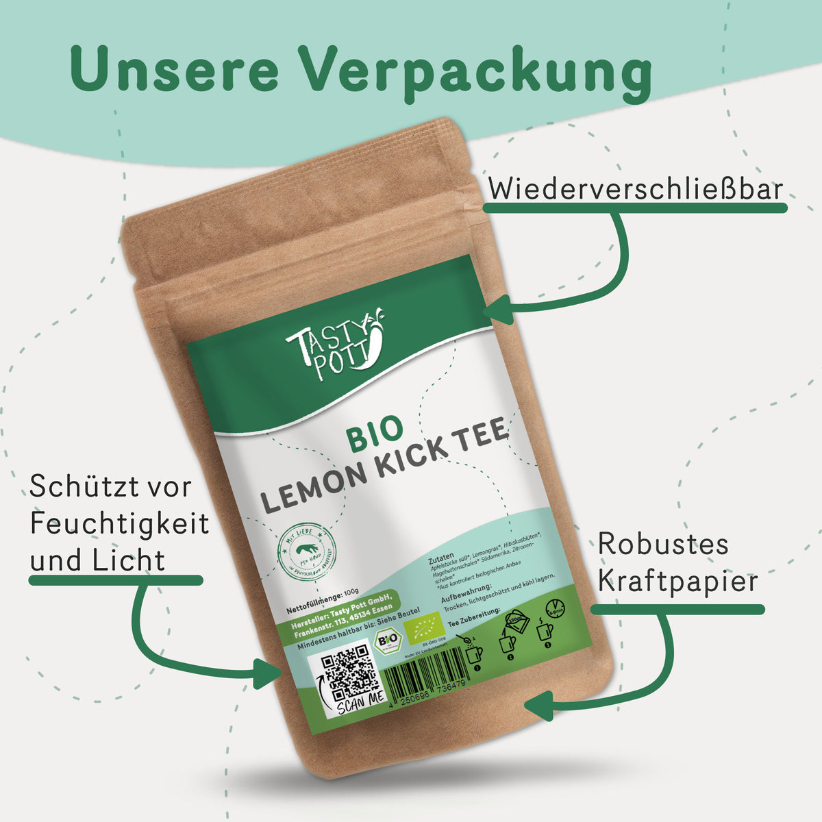 Wiederverschließbare Kraftpapierverpackung von Tasty Pott Lemon Kick Tee mit Zitronengras, beschriftet mit Schutzhinweisen.