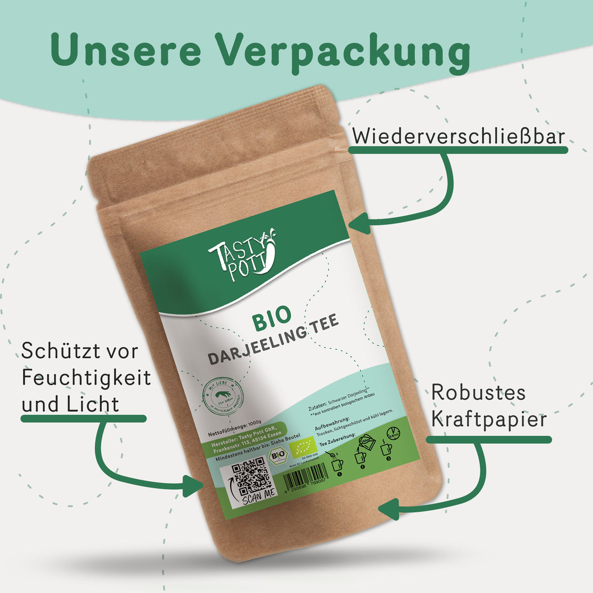Tasty Pott Darjeeling Tee Schwarztee in wiederverschließbarer Kraftpapierverpackung mit Etikett und erklärenden Pfeilen.