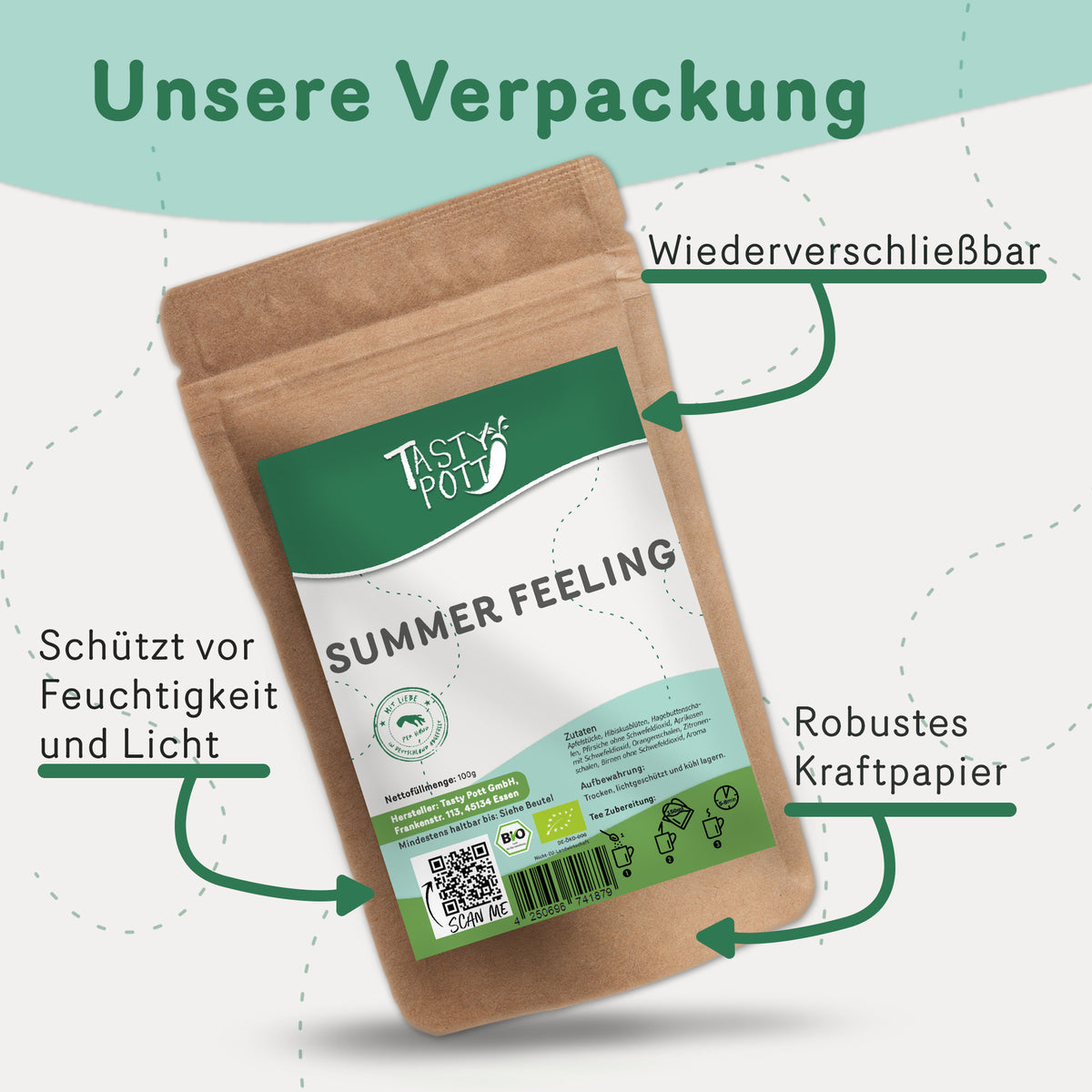 Sommertee Summer Feeling im wiederverschließbaren Kraftpapierbeutel von Tasty Pott, beschriftet mit Hinweisen zu Schutz und Material.
