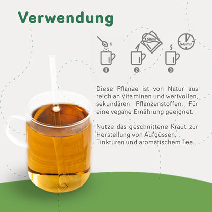 Tasse mit aufgebrühtem Tasty Pott Darjeeling Schwarztee und Anleitung zur Zubereitung neben Text zur Verwendung.