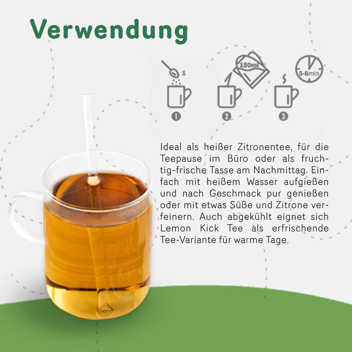 Glas mit aufgebrühtem Tasty Pott Lemon Kick Tee, daneben Zubereitungsempfehlung und Anwendungstipps auf grünem Hintergrund.