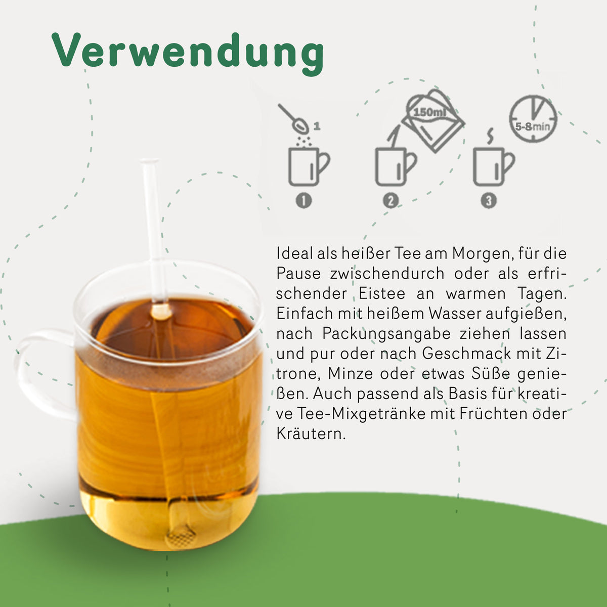 Tasse aufgebrühter Energy Tee von Tasty Pott, daneben Anleitung zur Zubereitung und Text zu vielseitiger Verwendung des Kräutertees.