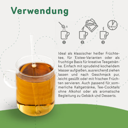 Zubereitungsempfehlung für Waldfrüchte Tee von Tasty Pott mit Glas Tee, Icons zur Teezubereitung und Text zur vielseitigen Verwendung.