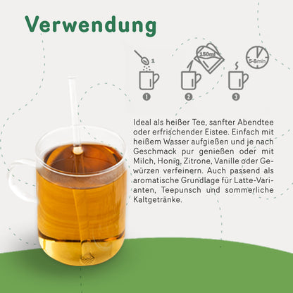 Glas mit aufgebrühtem rotbuschtee von Tasty Pott, daneben Zubereitungsempfehlung für rooibos Tee als Heiß- oder Kaltgetränk.