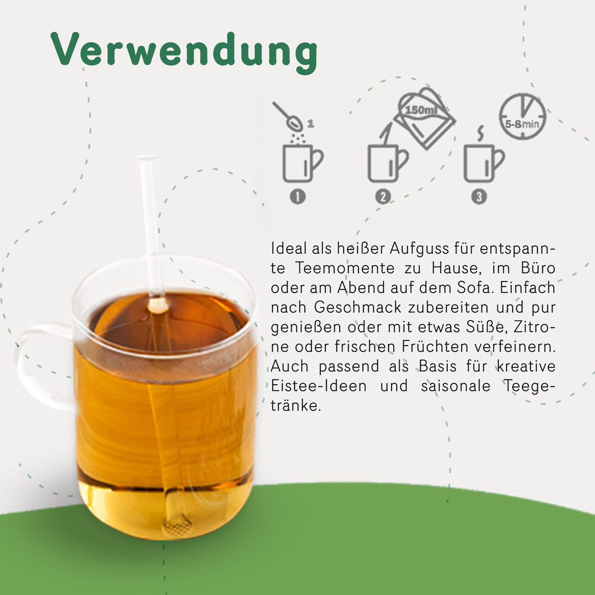 Glas mit aufgebrühtem Tee Träume Kräutertee von Tasty Pott, daneben Zubereitungsempfehlung mit Icons für Dosierung, Wassermenge und Ziehzeit.