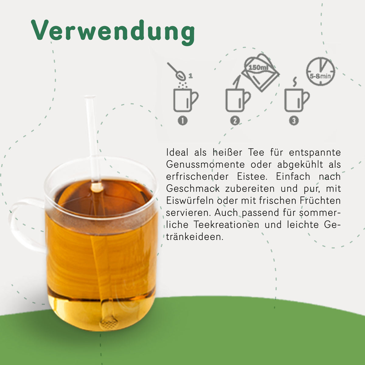 Glas mit aufgebrühtem Summer Feeling Tee von Tasty Pott, daneben Zubereitungsempfehlung für heißen oder kalten Sommertee.